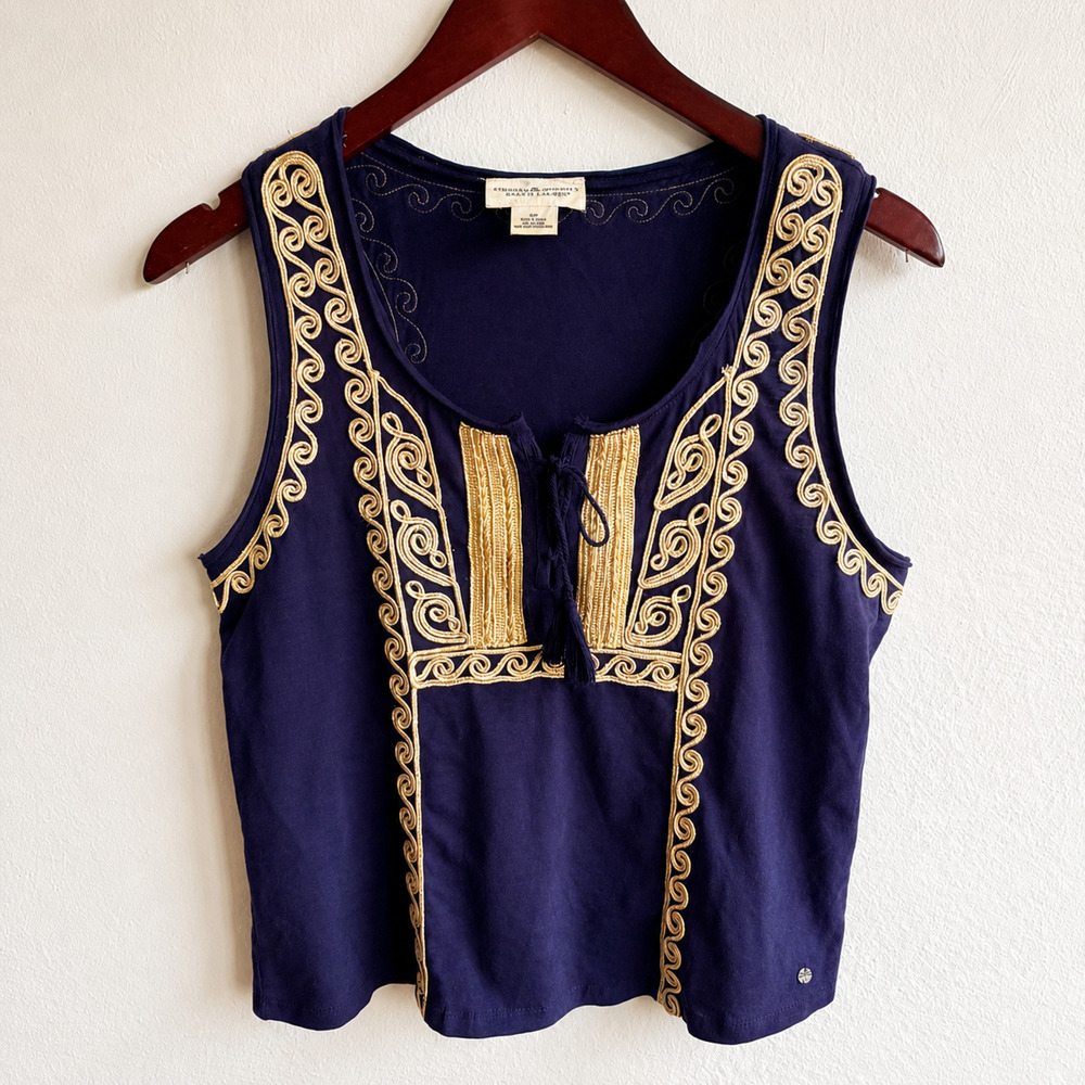 Denim & Supply Ralph Lauren Gold Embroidered Boho Tank Navy Cotton Indie Top S